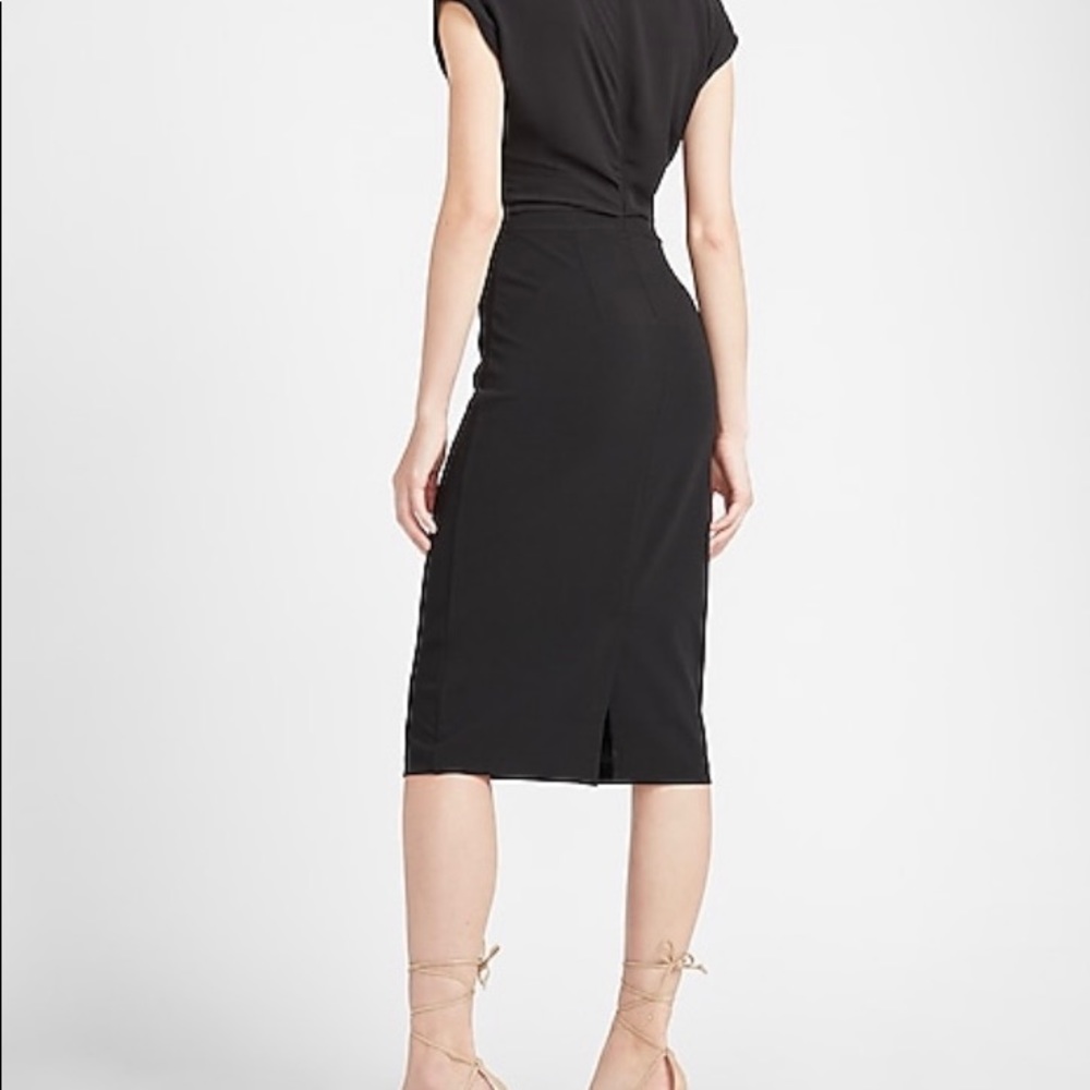 Express draped sleeve mock neck sheath dress.